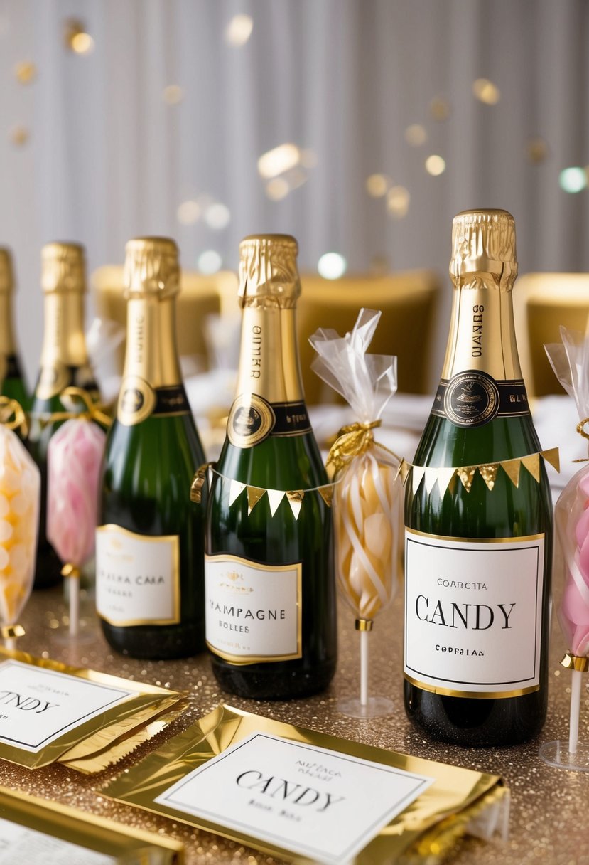 A table with personalized party favors, including mini champagne bottles, confetti poppers, and custom labeled candy bags