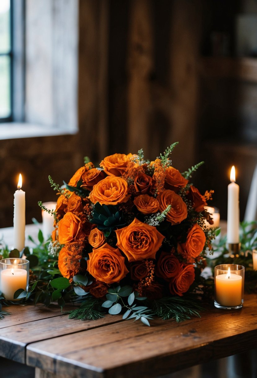 A burnt orange wedding bouquet sits on a rustic wooden table, surrounded by greenery and candles