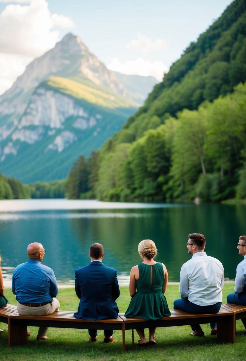 Guests sit on angled benches, facing a scenic view of mountains and a serene lake, surrounded by lush greenery