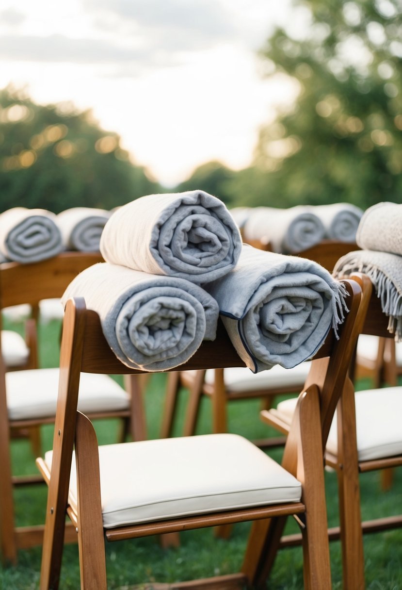 Cozy blanket bundles arranged on wooden chairs for an outdoor wedding