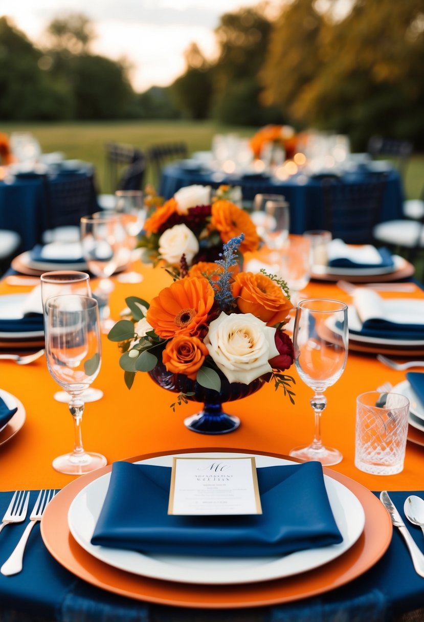 A burnt orange and navy blue wedding table setting with floral centerpieces and elegant place settings