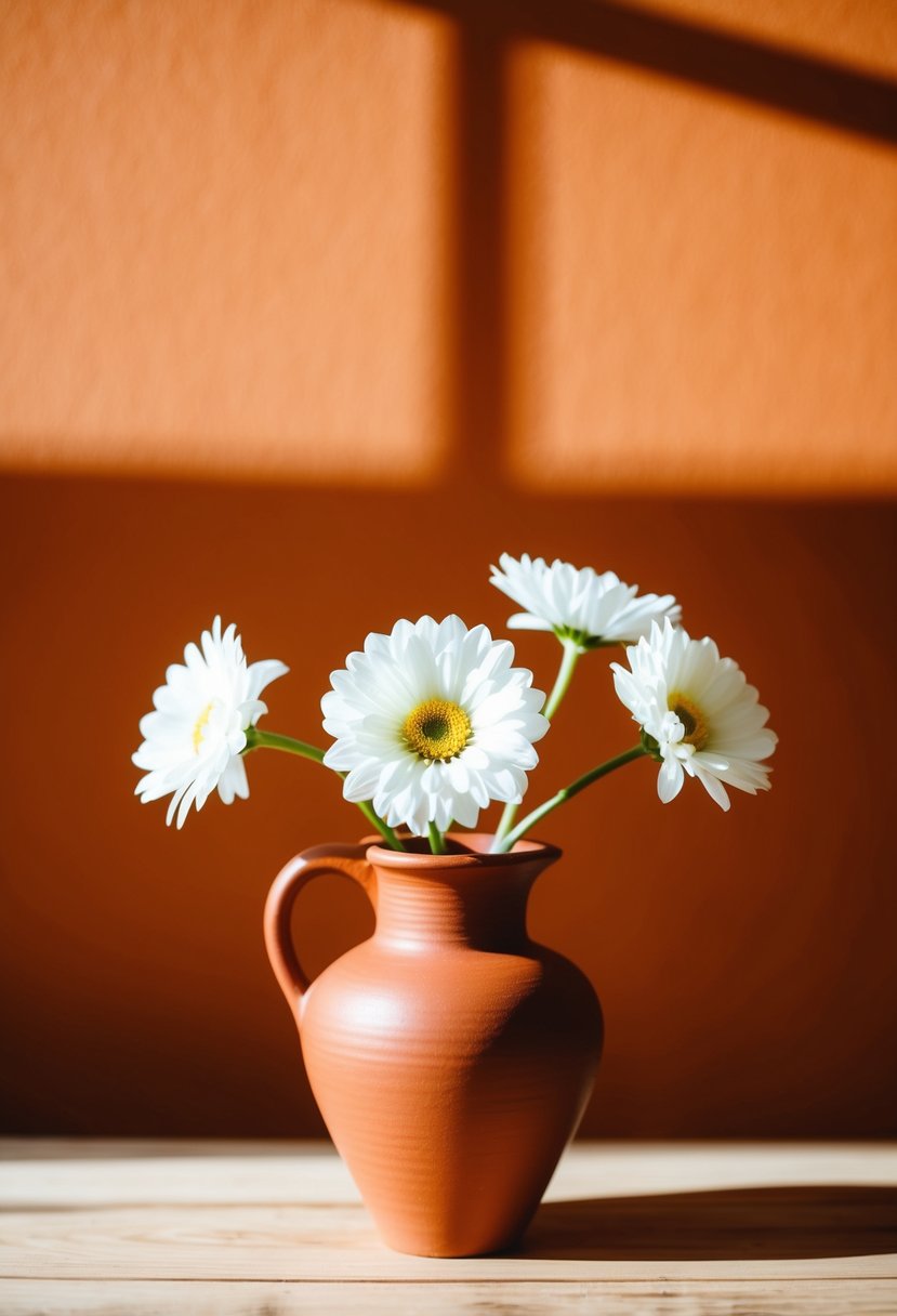 A terracotta vase with white flowers stands against a burnt orange backdrop, casting warm highlights