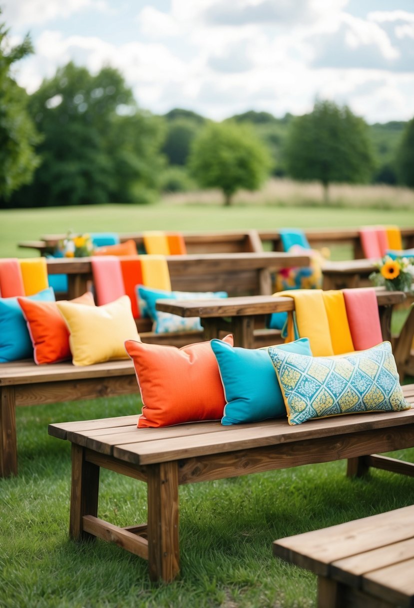 Rustic wooden benches with colorful cushions arranged in a charming outdoor setting for a wedding