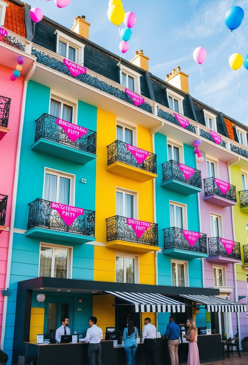 A group of colorful, stylish hotel buildings with "Bachelorette Party" banners and balloons on the balconies. People are checking in at the front desk