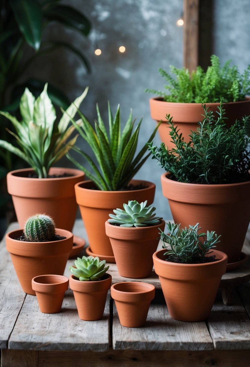 A grouping of clay pot plants in various sizes and shapes, all painted in a burnt orange color, arranged on a rustic wooden table