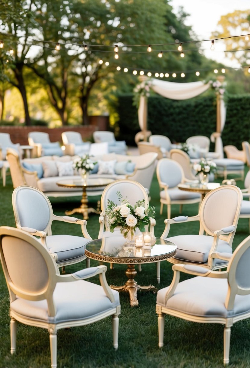 A vintage lounge furniture setup for an outdoor wedding, featuring elegant chairs, tables, and decorative accents in a cozy and inviting arrangement