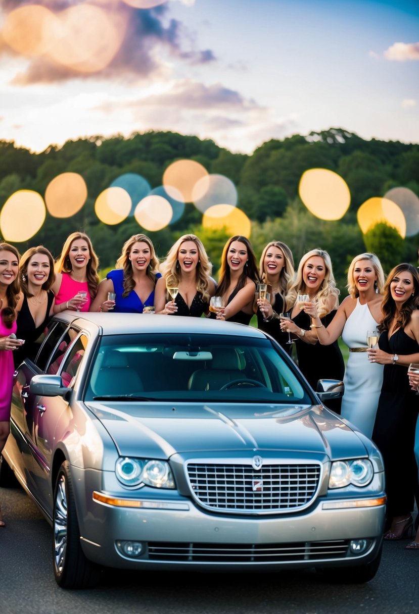 A sleek limousine pulls up in front of a group of excited women, ready to take them on a glamorous bachelorette party adventure