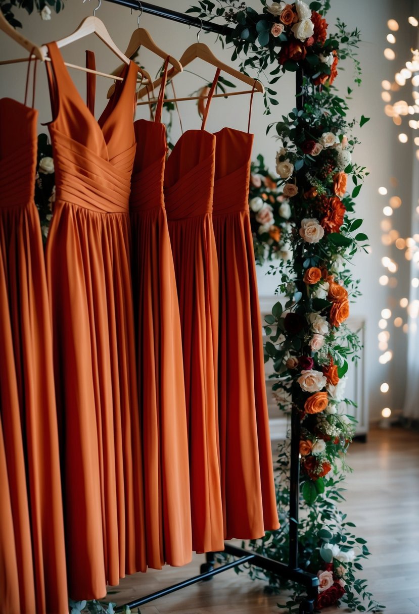 A group of burnt orange bridesmaid dresses hanging on a clothing rack, surrounded by floral arrangements and wedding decor