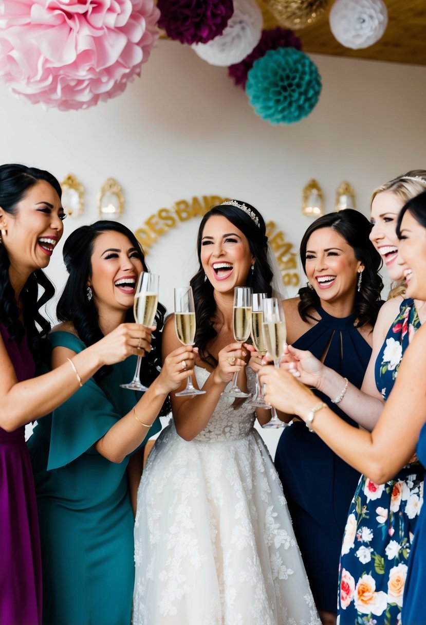 A group of women laughing and toasting with champagne, surrounded by decorations in the bride's favorite colors and themes