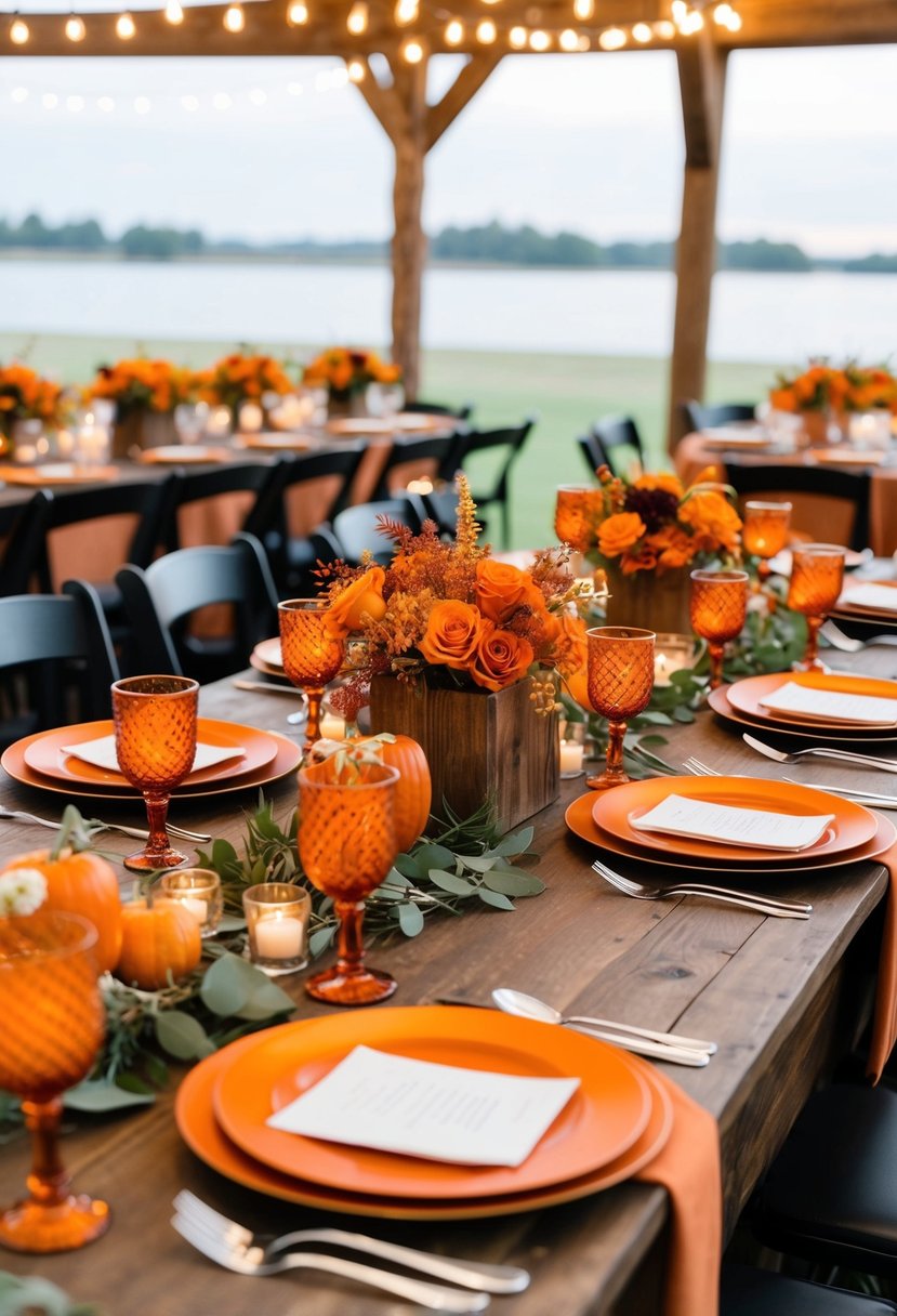 A table set with rustic burnt orange centerpieces and coordinating decor for a wedding