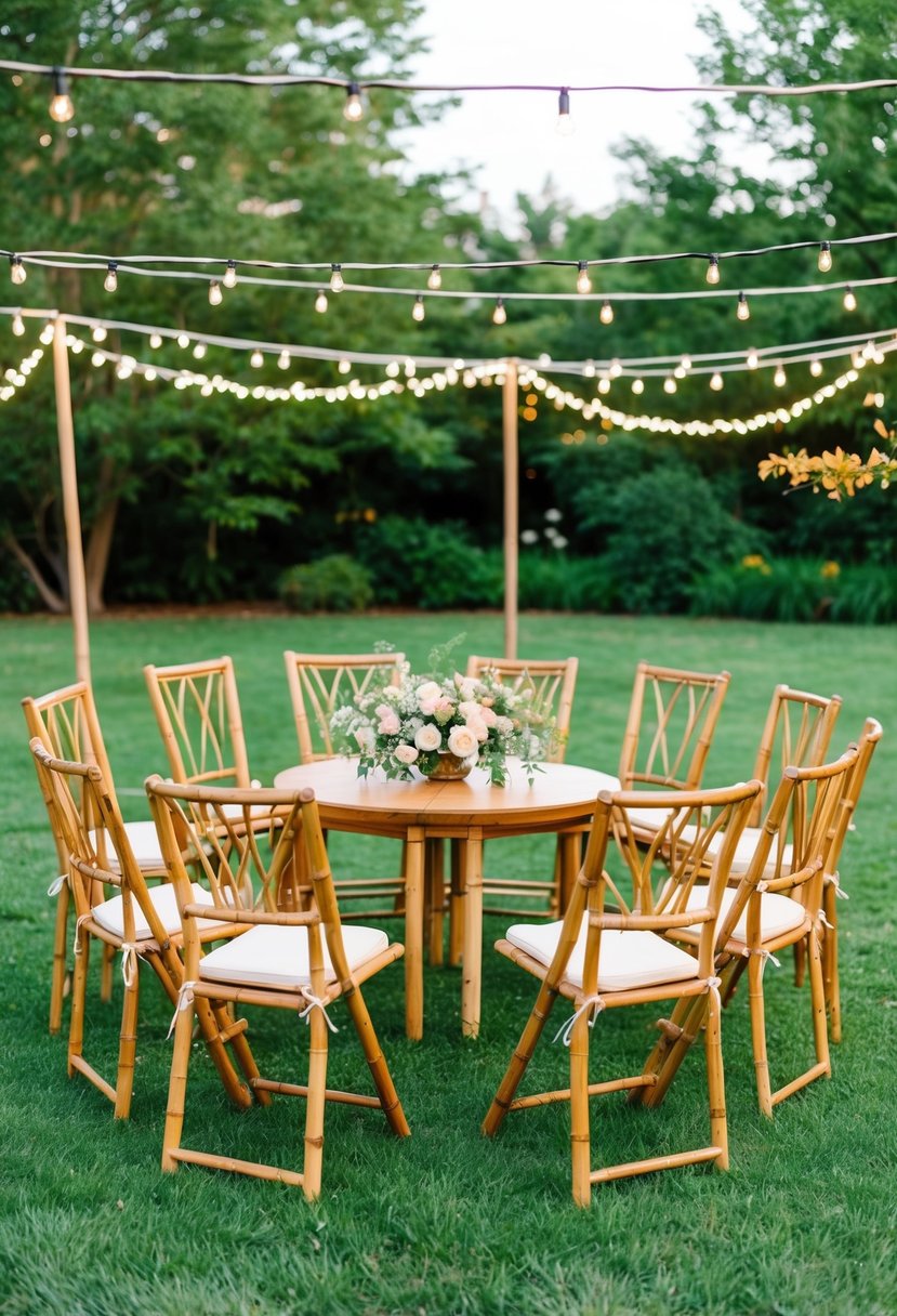 Bamboo chairs arranged in a semi-circle on a grassy lawn, surrounded by blooming flowers and twinkling string lights for an eco-friendly outdoor wedding seating area