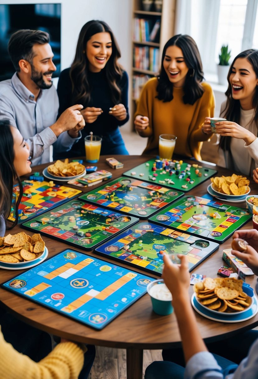 A group of colorful board games spread out on a table, surrounded by snacks and drinks. Laughter and excitement fill the room as friends gather for a fun game night