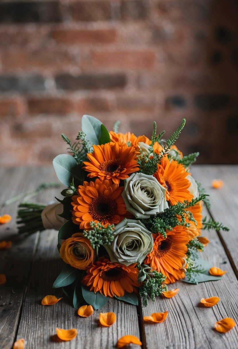 A burnt orange and sage green wedding bouquet sits on a rustic wooden table, surrounded by scattered flower petals and greenery