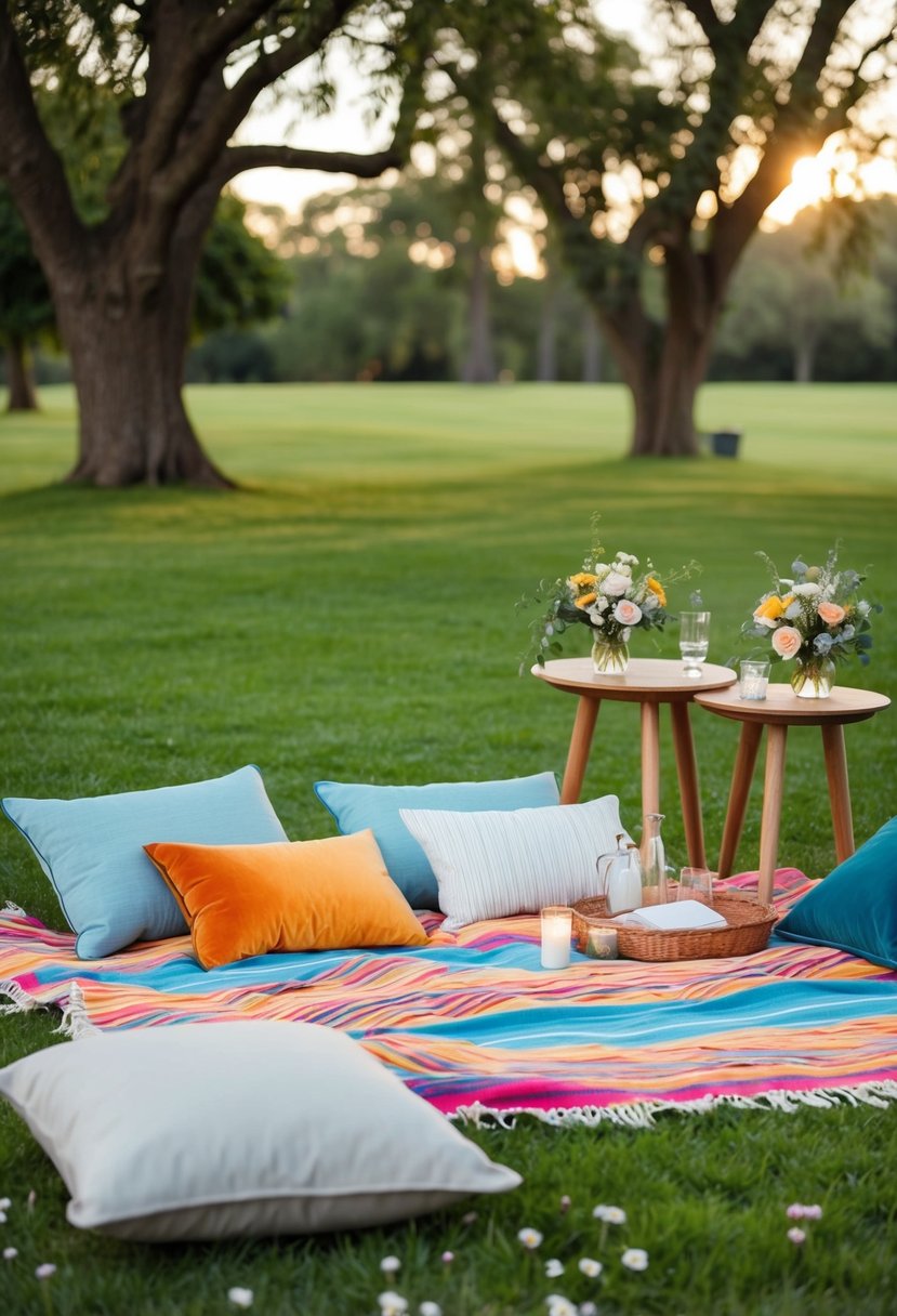 A colorful picnic-style blanket laid out on the grass with cushions and low tables, surrounded by trees and flowers, creating a cozy outdoor wedding seating area