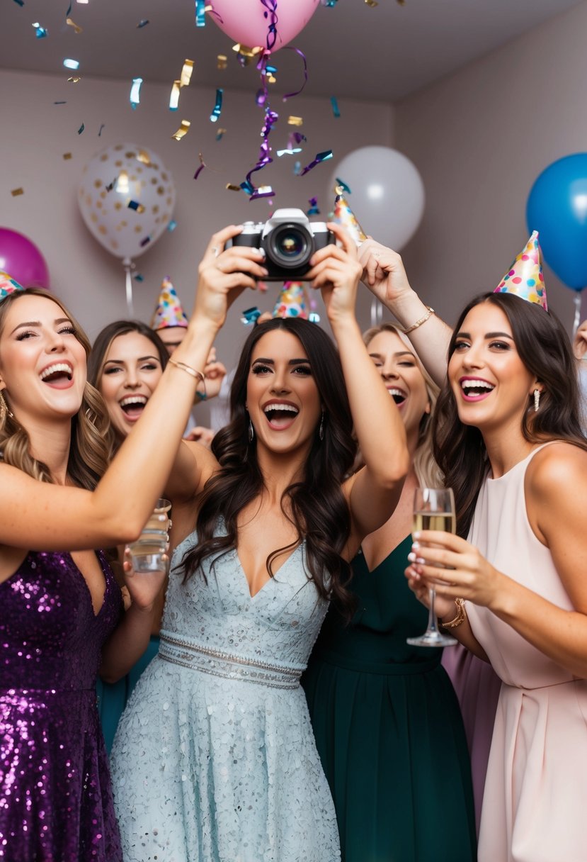 A group of friends cheer as one holds up a camera to capture the moment at a bachelorette party. Confetti and balloons add to the festive atmosphere