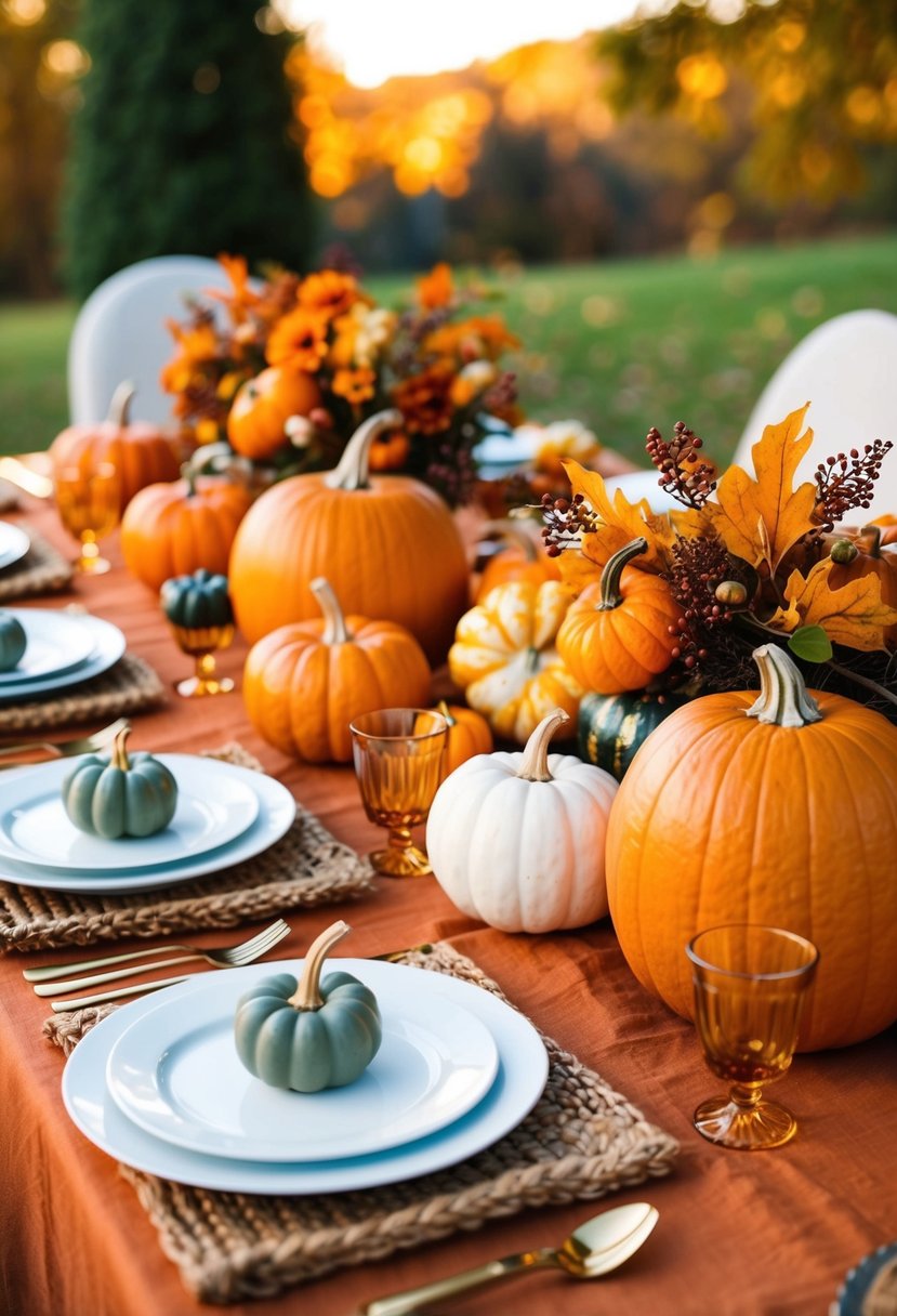 A cozy autumn table setting with burnt orange tablecloth, pumpkins, and fall foliage centerpiece