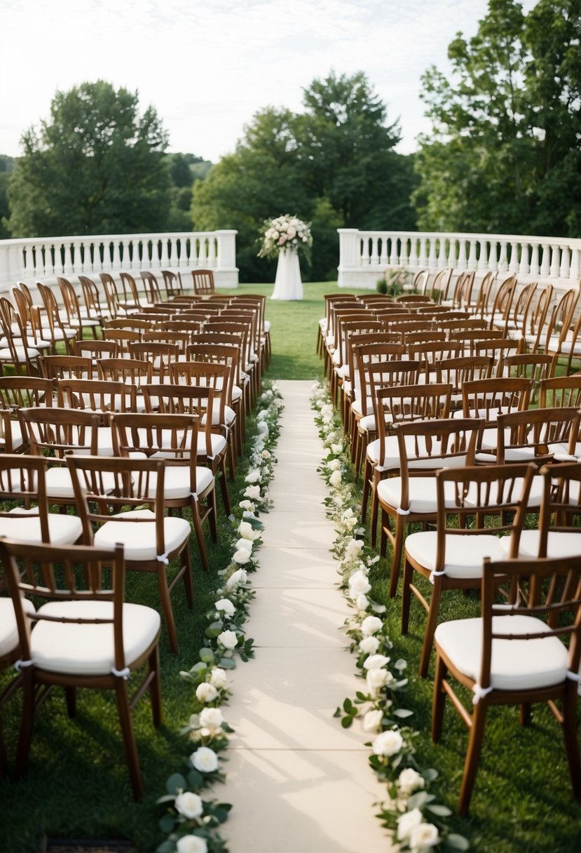 An outdoor amphitheater-style wedding seating arrangement with curved rows of chairs leading down to a central focal point