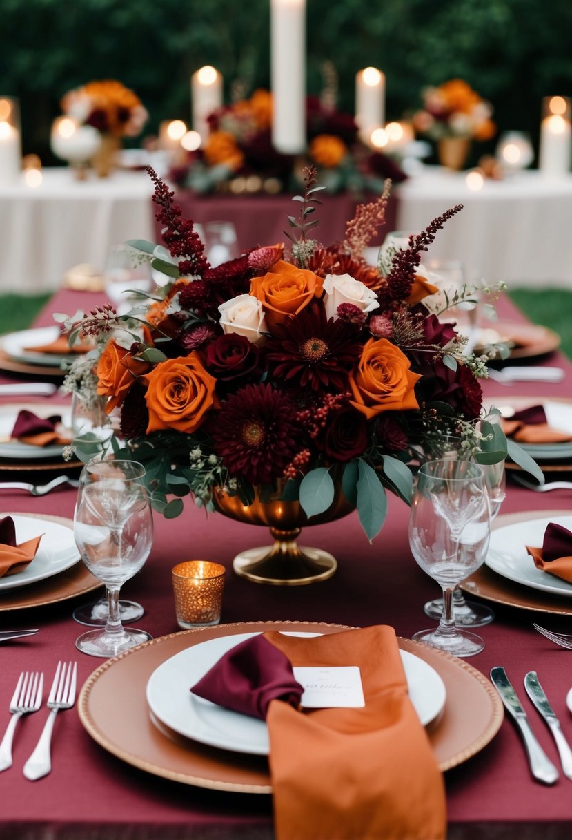 A rich burgundy and burnt orange color palette with floral arrangements, table settings, and decorative accents in a romantic wedding setting