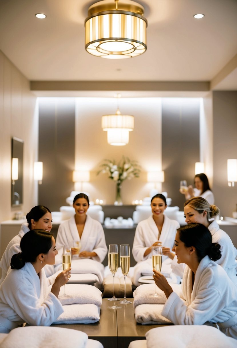 A serene spa with plush robes, soft lighting, and calming music. A group of friends enjoying facials, massages, and champagne