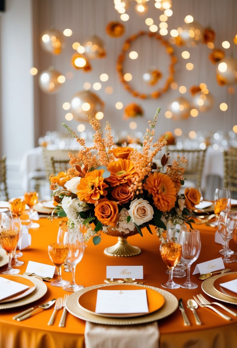 A lavish burnt orange and gold wedding table setting with elegant floral centerpieces and shimmering gold accents