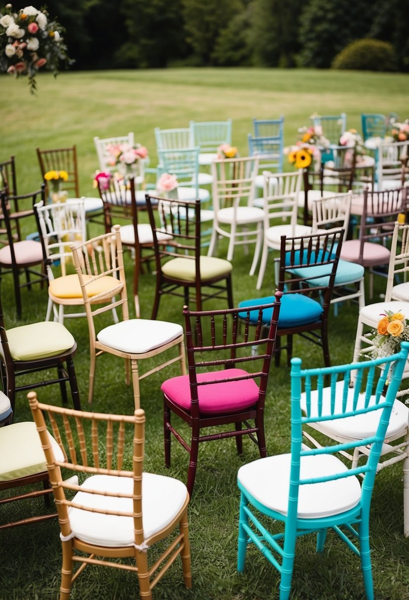 A variety of mismatched chairs arranged in a semi-circle on a grassy outdoor wedding venue, with colorful cushions and floral decorations