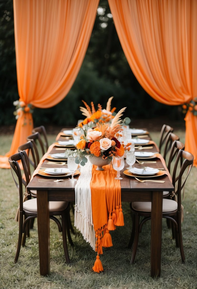 A bohemian-style wedding setting with burnt orange decor, including flowers, table settings, and drapery