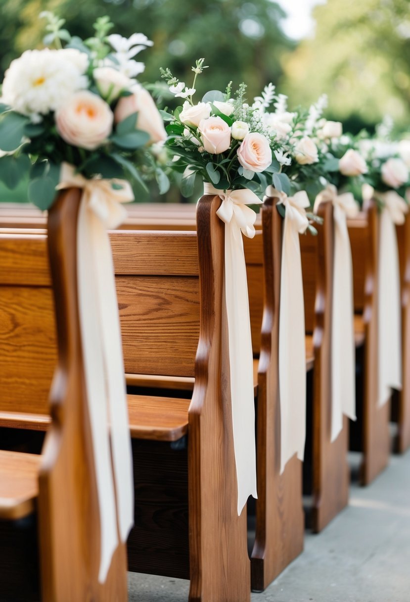 A row of wooden pews adorned with flowers and ribbons, set up for an outdoor wedding ceremony