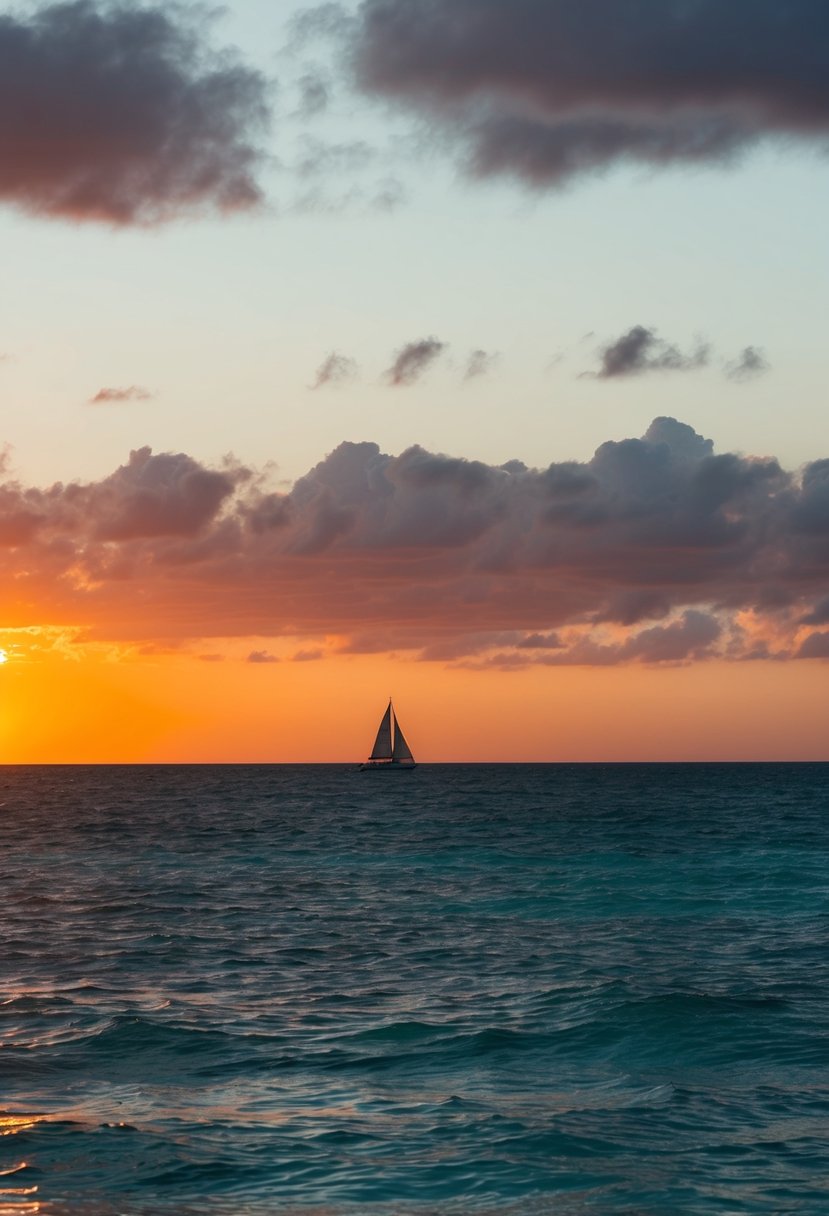 A burnt orange sunset over a teal ocean, with a lone sailboat on the horizon