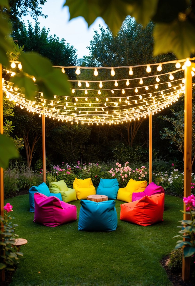 Vibrant bean bag seating arranged in a circle under a canopy of fairy lights, surrounded by lush greenery and blooming flowers