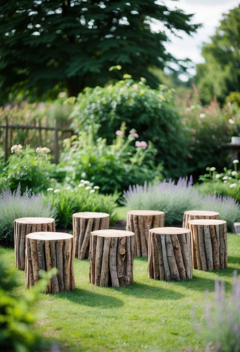 Several rustic log stools arranged in a garden setting, surrounded by lush greenery and flowers. A serene and natural outdoor wedding seating idea