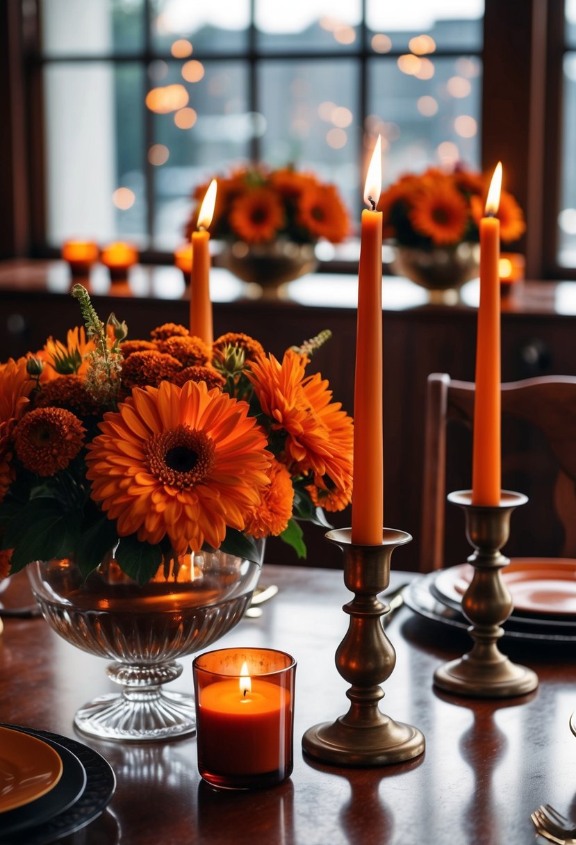 A mahogany table adorned with burnt orange flowers and candles