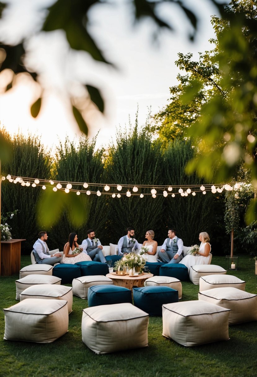 A cozy outdoor wedding scene with low-seat poufs arranged in a relaxed and inviting manner, creating a laid-back and intimate atmosphere for guests