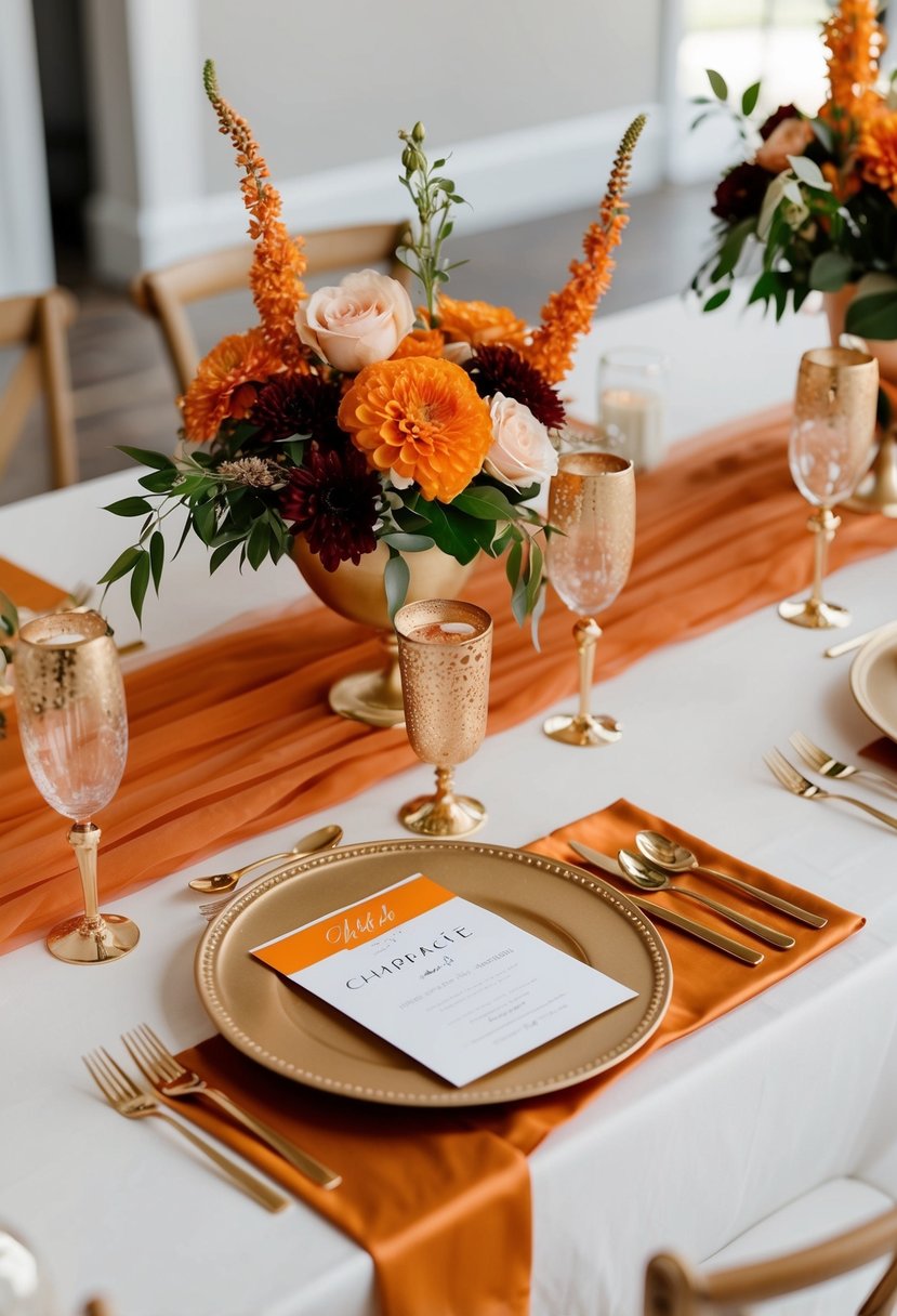 A champagne and burnt orange wedding table setting with elegant floral centerpieces and gold accents