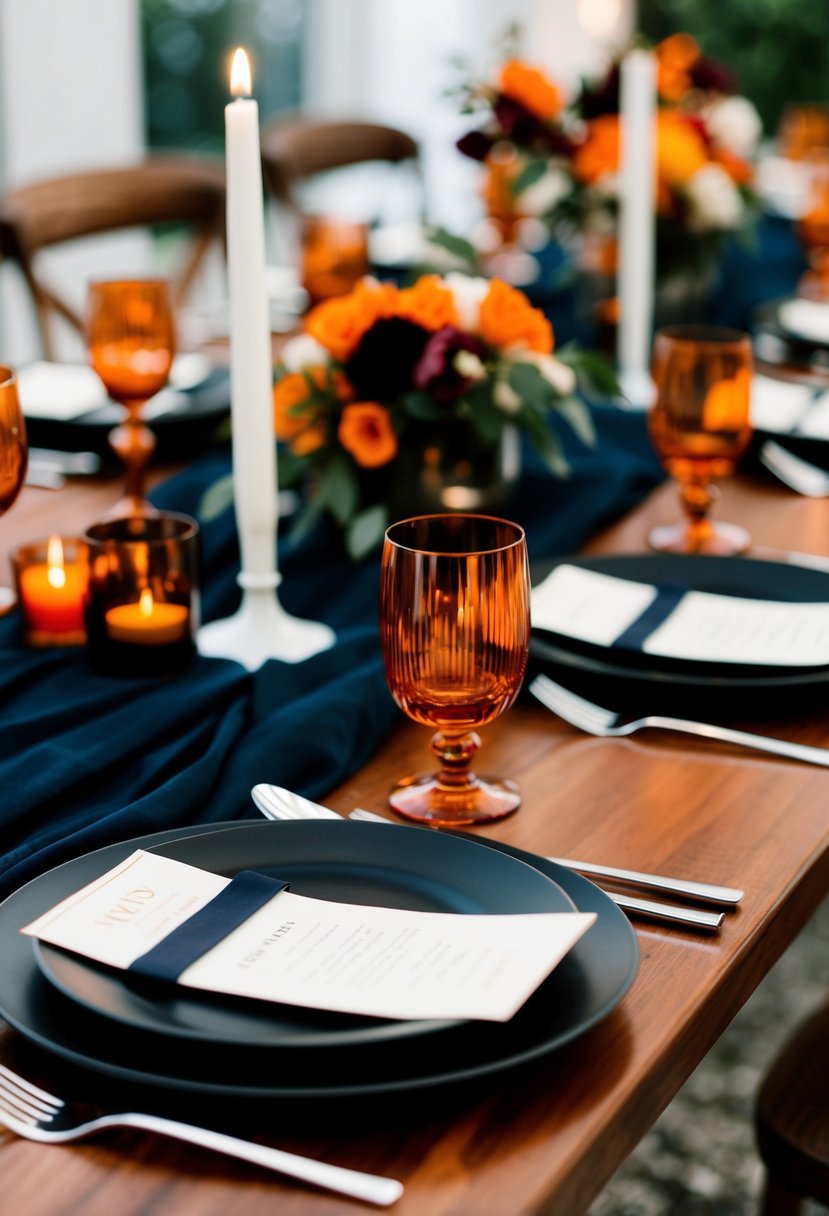 A sleek modern wedding table setting with burnt orange and black accents