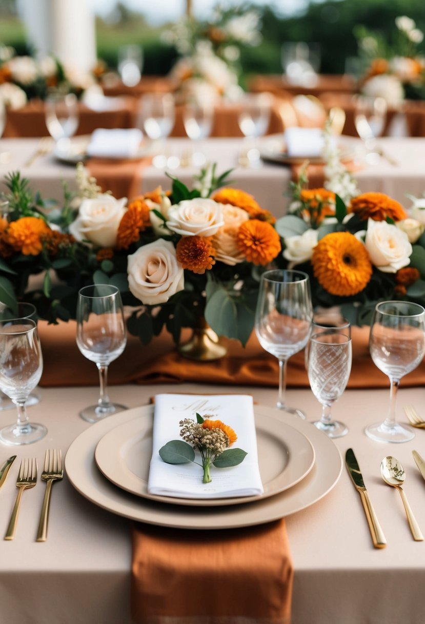 A simple beige and burnt orange wedding table setting with floral centerpieces and elegant place settings