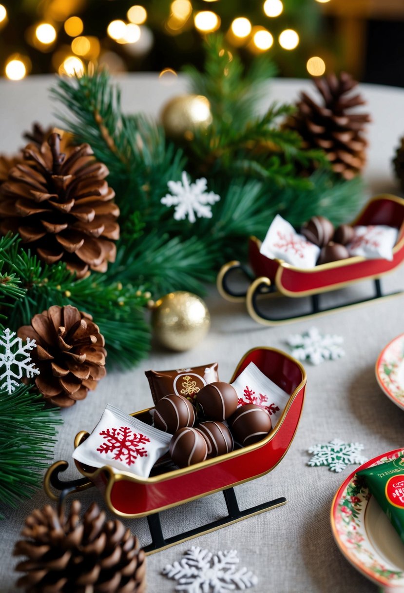 A table adorned with pine cones, evergreen sprigs, and snowflakes. Miniature sleighs filled with chocolates and hot cocoa packets