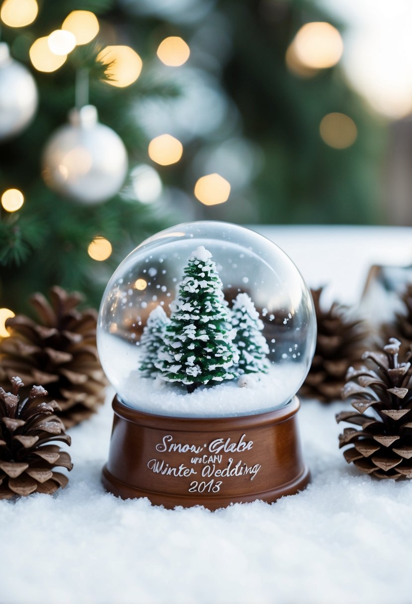 A small snow globe with a winter wedding theme, surrounded by pinecones and snowflakes