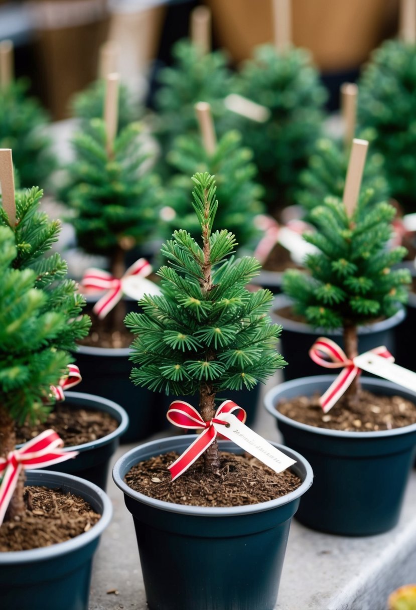 Pine tree seedlings arranged in small pots with ribbon and tags