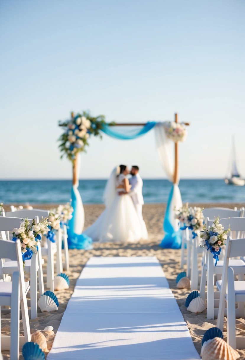 A beachfront wedding with seashell decor, blue and white color scheme, and a backdrop of the ocean with a sailboat on the horizon