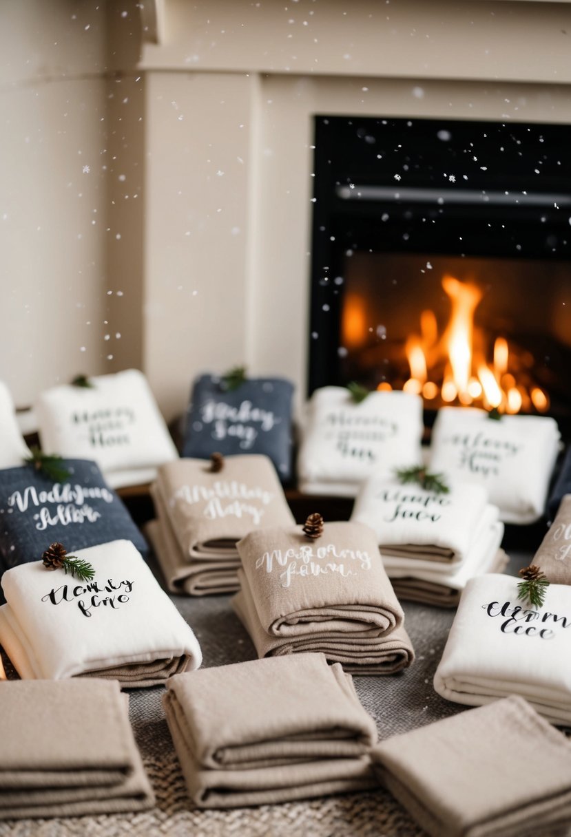 A cozy winter scene with personalized blankets arranged as wedding favors for guests. Snowflakes fall gently, and a warm fire crackles in the background