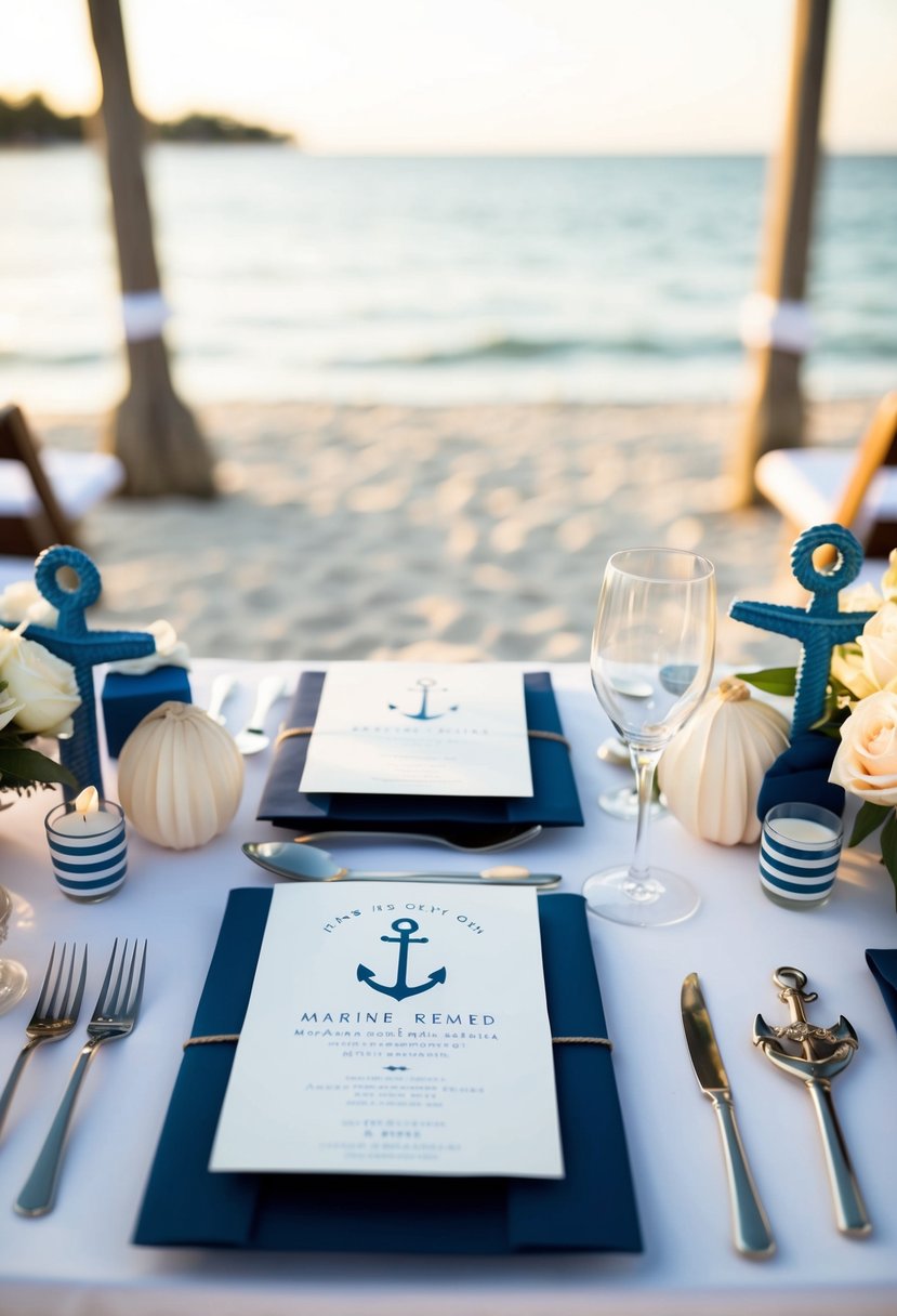 A beach wedding scene with nautical-themed decor, including anchor designs on invitations and marine-inspired elements