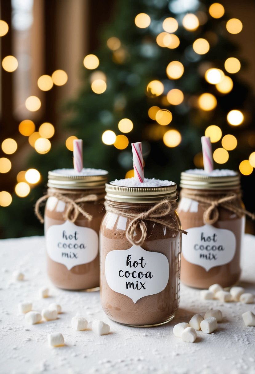 A cozy winter scene with jars of hot cocoa mix, decorated as wedding favors for guests