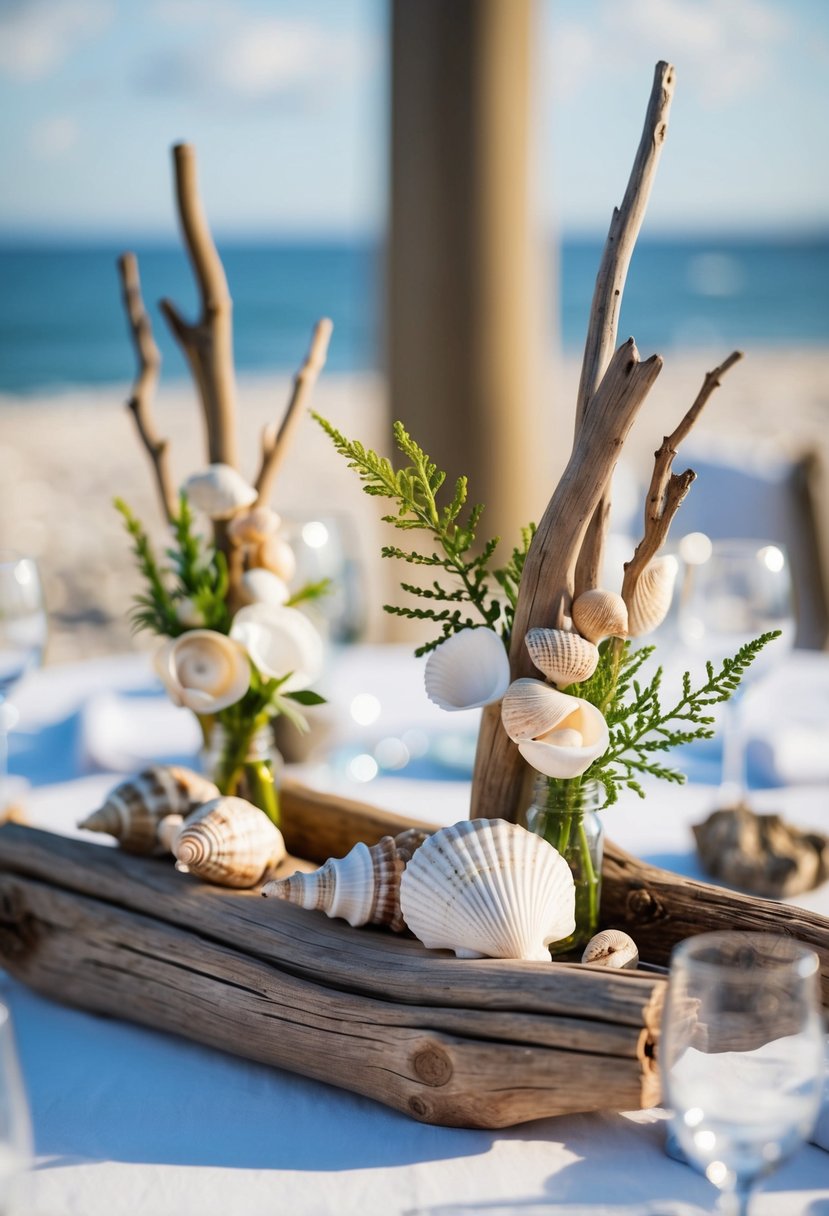 Driftwood centerpieces with seashells and marine florals