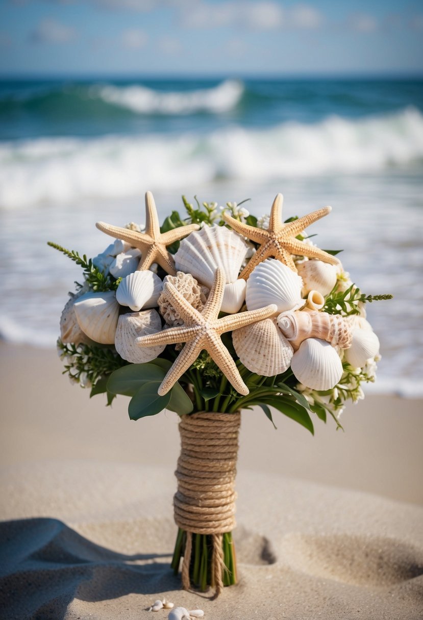 A bridal bouquet wrapped in marine rope, adorned with seashells and starfish, set against a backdrop of ocean waves and sandy shores