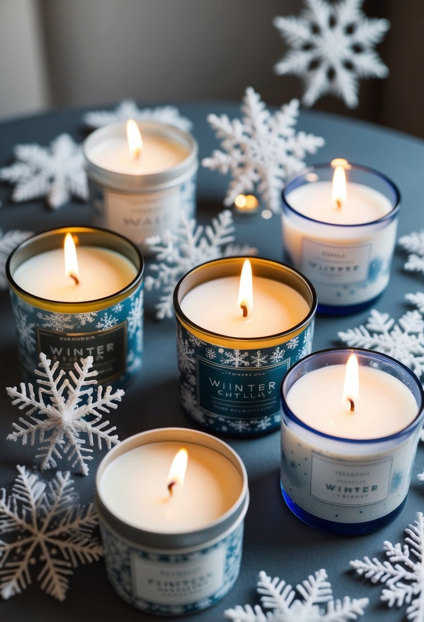 A table adorned with scented candles in winter-themed packaging, surrounded by delicate snowflake decorations