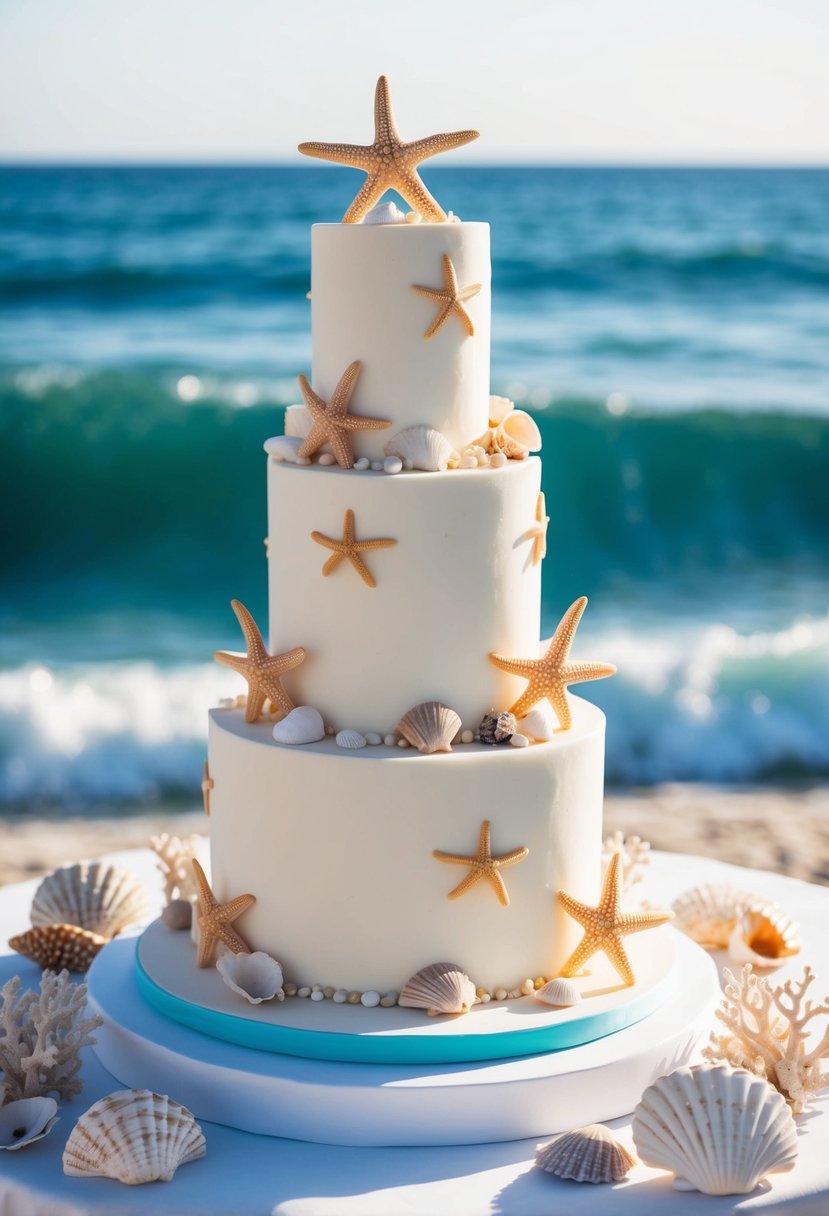 A three-tiered wedding cake adorned with starfish motifs, surrounded by shells and coral, set against a backdrop of ocean waves