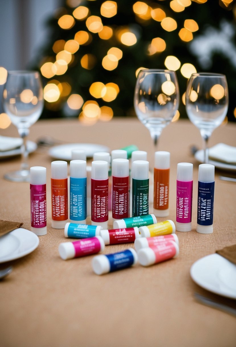 A table with assorted flavored lip balms in wintry packaging, arranged as wedding favors for guests