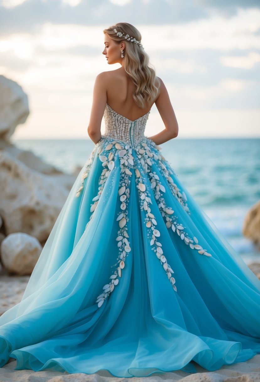 A flowing bridal gown in shades of ocean blue, adorned with delicate seashell and pearl embellishments