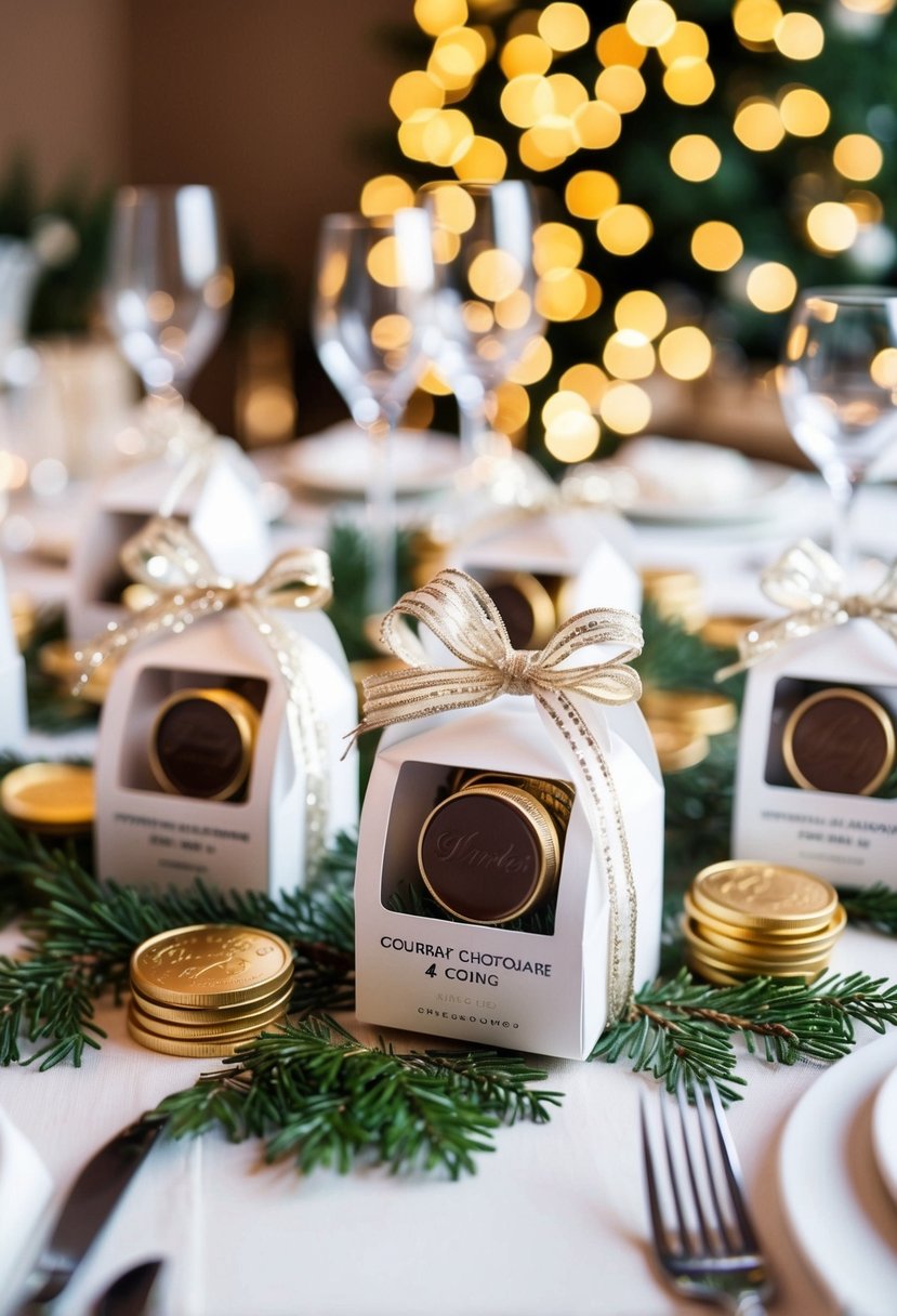 A table adorned with elegant winter-themed wedding favors, including gourmet chocolate coins in festive packaging for guests to take home