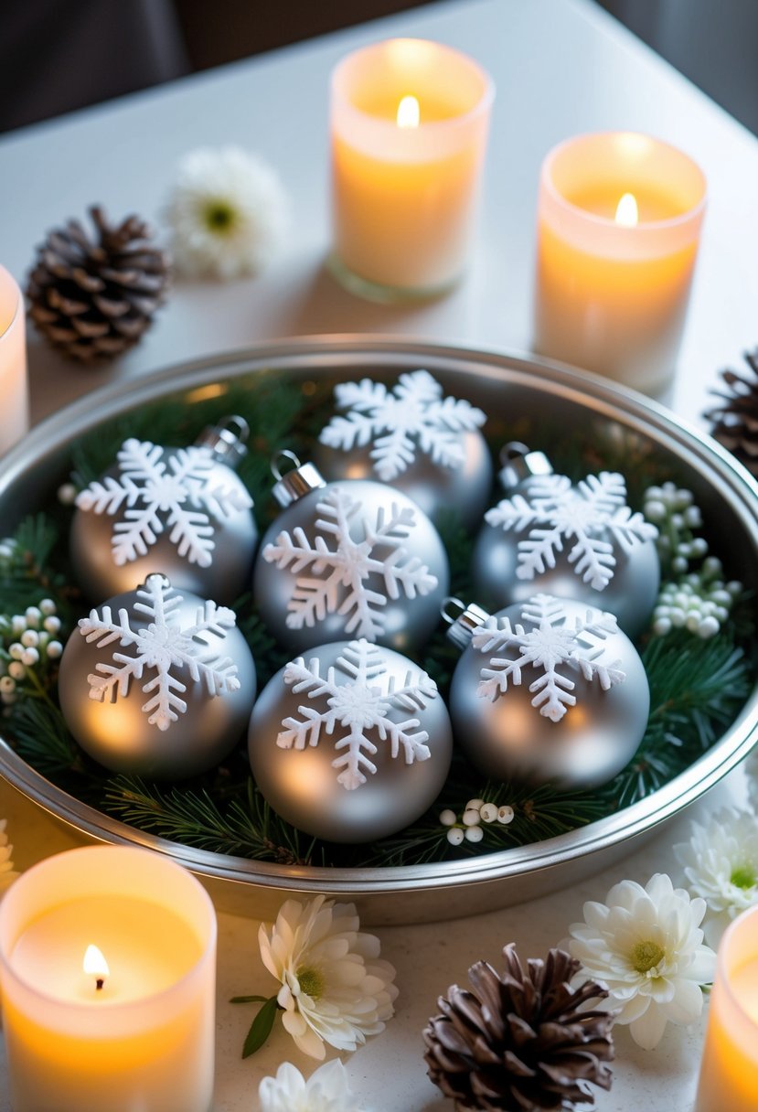 Snowflake ornaments arranged on a silver tray, surrounded by delicate white flowers and pinecones, with soft candlelight casting a warm glow